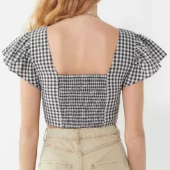 URBAN OUTFITTERS Rita Gingham Flutter Sleeve Button Cropped Top Womens Large - Picture 3 of 14